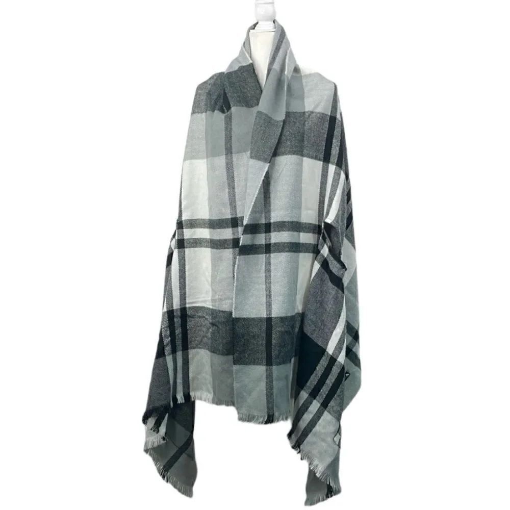Shawl Vest with arm holes pockets Window Pane plaid oversized black gray white